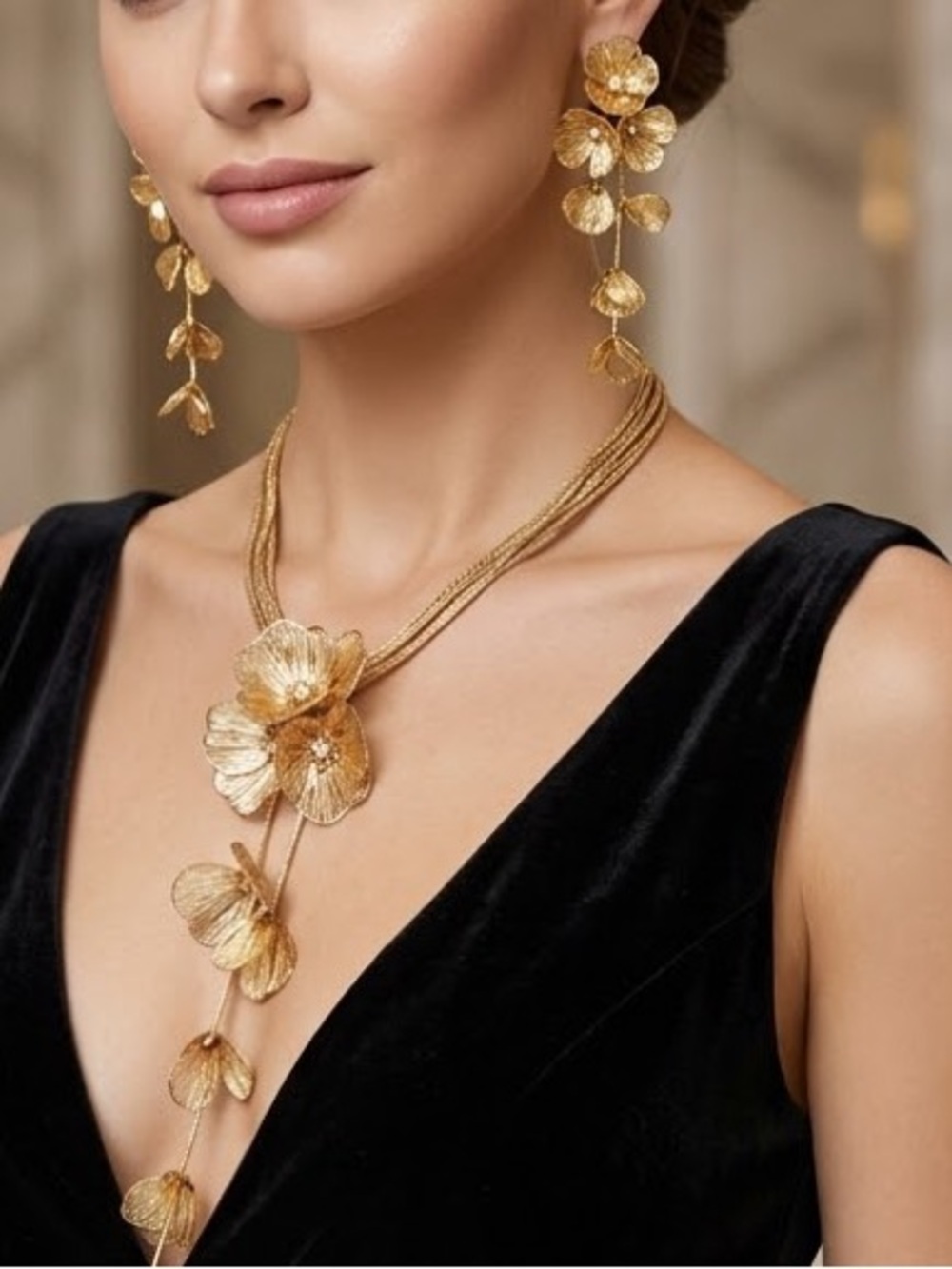 Kate Middleton Inspired Gold Floral Statement Necklace & Earrings Set